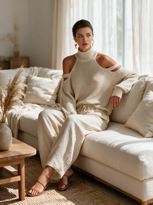 Tessa | Dames Gebreide Coltrui Wijde Broek Set