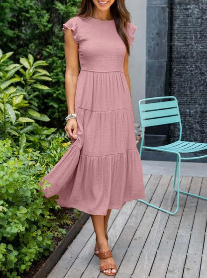Fallon | Dames Casual Gelaagde Ruchesmouwen Midi-jurk