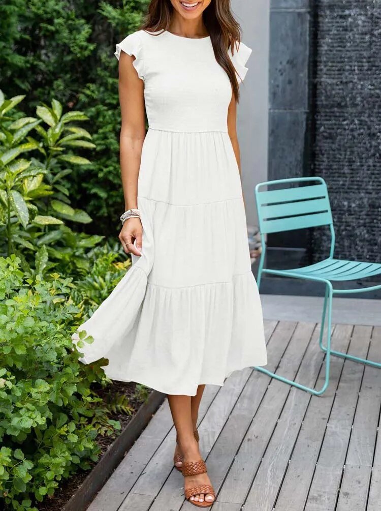 Fallon | Dames Casual Gelaagde Ruchesmouwen Midi-jurk
