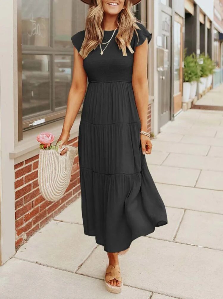 Fallon | Dames Casual Gelaagde Ruchesmouwen Midi-jurk