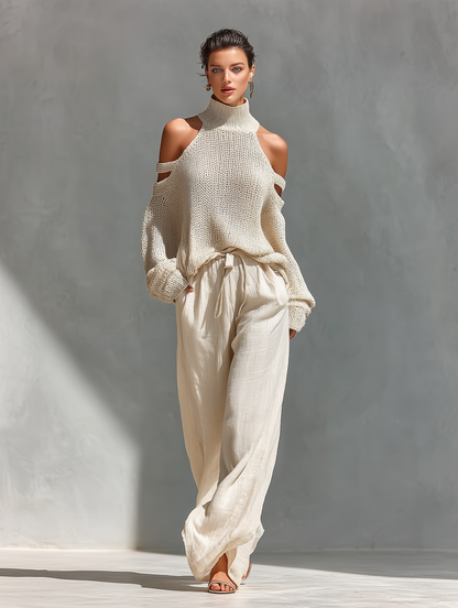 Tessa | Dames Gebreide Coltrui Wijde Broek Set