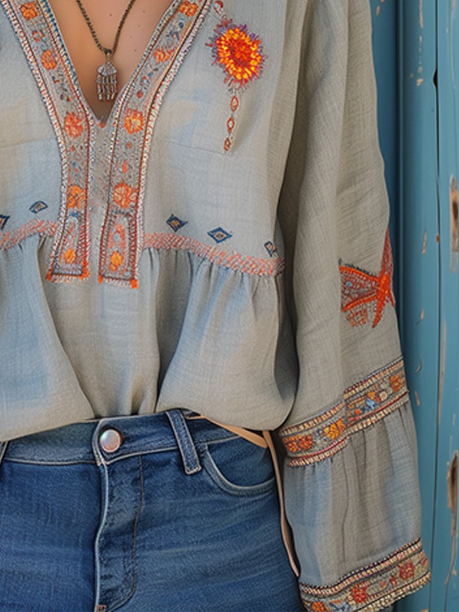 Puck | Dames Casual Boho V-hals Blouse