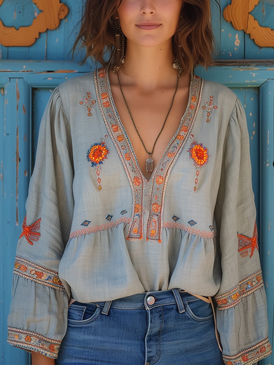 Puck | Dames Casual Boho V-hals Blouse